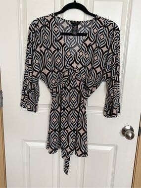 Nine West Black, Beige and Pale Blue Geometric Wrap-Front Blouse